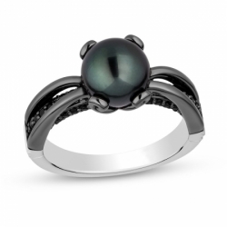 Женское кольцо из белого золота 585 пробы с черным жемчугом и черным бриллиантом