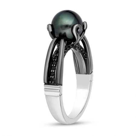 Женское кольцо из белого золота 585 пробы с черным жемчугом и черным бриллиантом