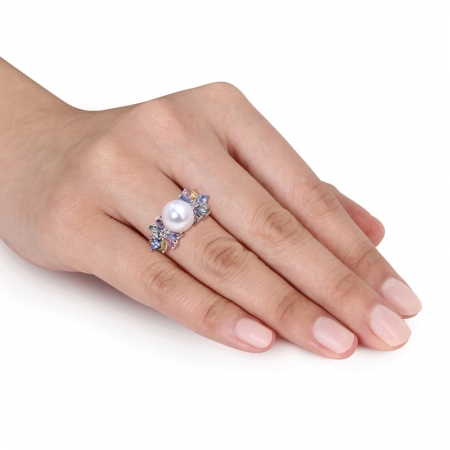Женское кольцо из белого золота 585 пробы с белым жемчугом, сапфиром и бриллиантами