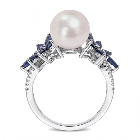 Женское кольцо из белого золота 585 пробы с белым жемчугом, сапфиром и бриллиантами